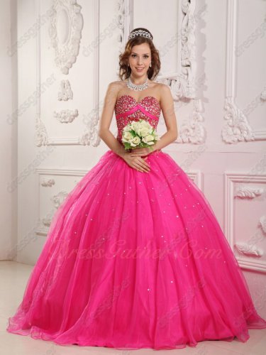 Hot Pink Gauze Mesh Handwork Sewing Beads Bodice Quinceanera Gown Princess
