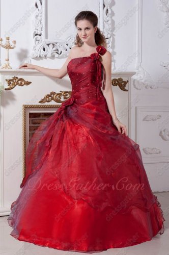 Special Price Wine Red Quinceanera Court Gown One Shoulder Strap With Rose Flowers