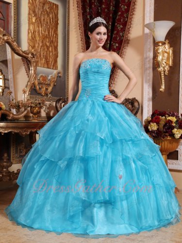 Crossed Cascade Layers Aqua Blue Organza Puffy Ball Gown 2022 Sweet 16 Party