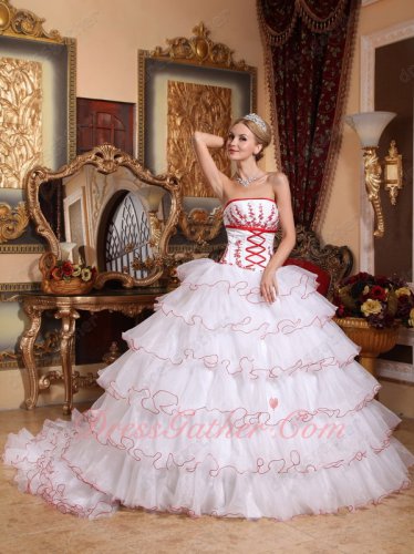 Vintage Cake Layers Detachable Train Quince Ball Gown White With Red Details