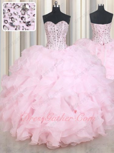 Pink Organza V-Shaped Waistline Ruffles Girls Quinceanera Ball Gown Adult Celebration