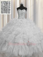 Attractive Lines Corset Silver Organza Ruffles Quinceanera Ball Gown and Underskirt