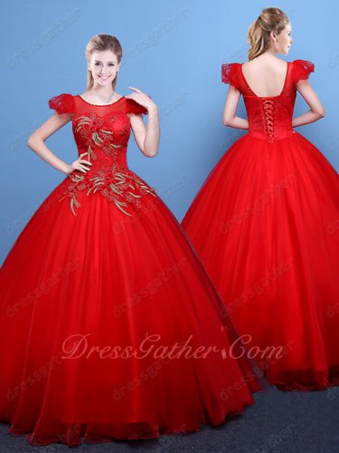 Beautiful Scoop Bubble Cap Sleeve Flat Tulle Red Stage Evening Ball Gown Scarlet