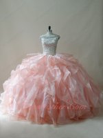 Scoop Off Shoulder Champagne Blouse Blush Organza and Tulle Ruffles Quince Ball Gown