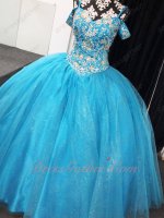 Spaghetti Straps Off Shoulder Sleeves Beaded Basque Sparkle Tulle Azure Quince Gowns