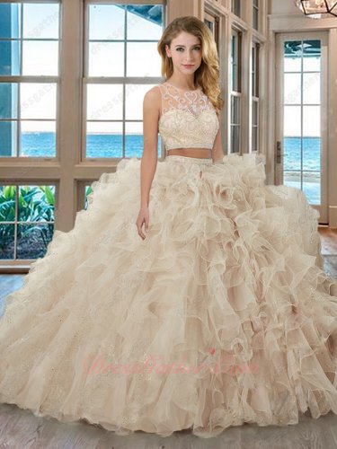 See-Through Mesh Scoop Two Pieces Separated Suit Champagne Ball Gown For Quinceanera