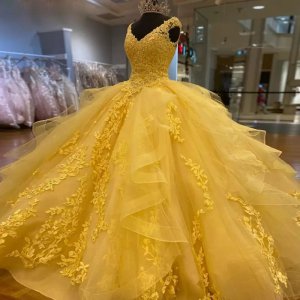 Pretty Applique Decorated V Neckline Bright Yellow Quinceanera Dress Horsehair Ruffles