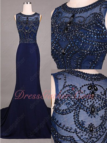 Scoop Beading Graceful Navy Blue Mermaid Evening Dress For Mature Lady