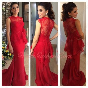 Falbala Waist Red Lace & Spandex Sheath Party Dress Women Age Over 30