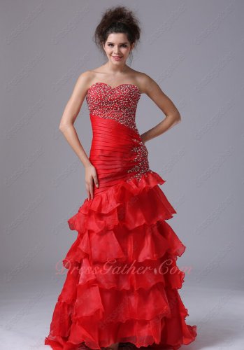 Top Seller Oblique Wasitline/Ruching Red Many Layers Trumpet Annual Evening Formal