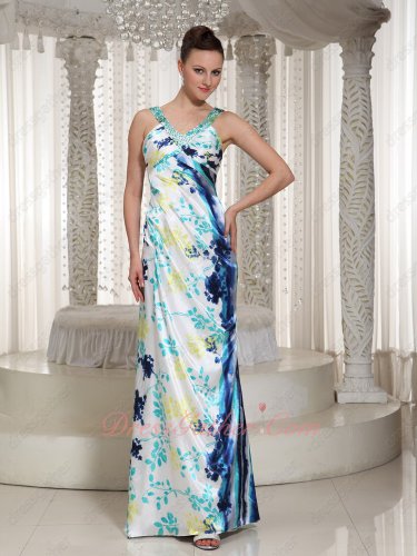 Imitated Silk Colorful Unique Florets Printed Column Prom Dresses Straps V Neck