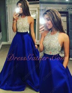 Stylish Halter Empire Waist Royal Blue Pocket Banquet Dress Fully Beading