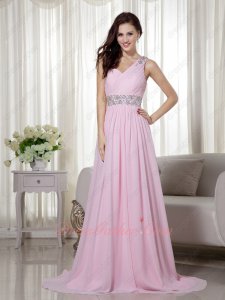 One Shoulder Sweetheart Baby Pink Lovely Maiden Formal Prom Dance Dress Sweep Train