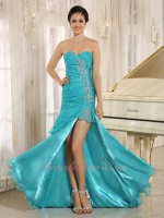 Turquoise Layers Skirt Latin Dance Cocktail Evening Gown Left Thigh Slit Opening