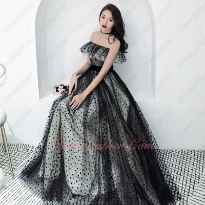 Flounced Off The Shoulder Black Spot Fabric Long Gown With Champagne Lining