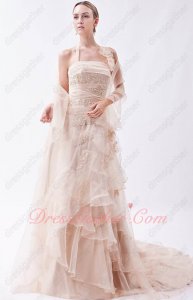 Halter Lightest Pink Organza Overlay Cascade Layers Skirt Formal Dress With Shawl