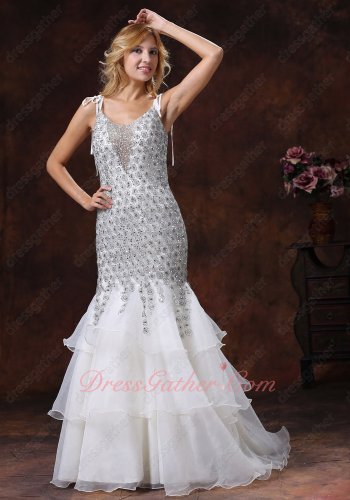 Twinkling Diamond Lace Layers Mermaid White Formal Evening Prom Dress Princess