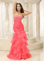 Sheathy Watermelon Coral Organza Mermaid Layers 2023 Evening Prom Dress Silver Beading