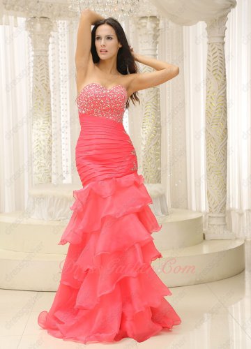 Sheathy Watermelon Coral Organza Mermaid Layers 2023 Evening Prom Dress Silver Beading