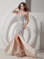 High-end Champagne Mermaid Slit Formal Prom Dress Full Swarovski Diamond Luxurious