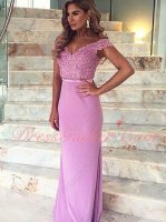 Featured Off Shoulder Sheath Lilac Prom Dress With Triangular Lace Train