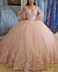 Beaded V Neckline Flare Long Sleeves Blush Pink Princess Quinceanera Dress Applique Lace