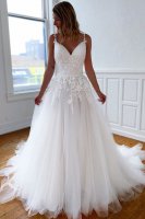 Floral Dual Straps Crossed Back Designer Church Wedding Dress With Train