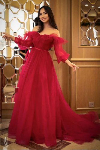 Off Shoulder Flouncing Neck Long Bubble Sleeves Cherry Red Prom Evening Dress
