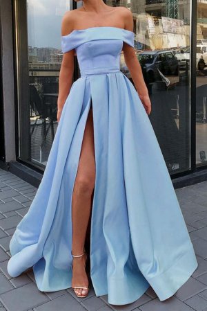 Glamorous Sabtina Neck Light Blue Celebrity Prom Dress with Side High Split