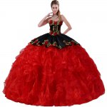 Removable Dual Straps Three Dimensional Rose Floral Applique Black and Red Quinceanera Dress With Medallions