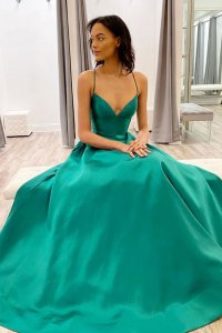 Spaghetti Straps Plain and Quiet Turquoise Satin Formal Party Dress Simple