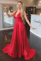 Pretty V Neckline Defined Waist Glossy Scarlet Formal Pageant Dress For Women