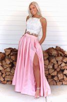 Designer Prom Dress 2 Pieces White Applique Vest Pink Slit Skirt With Pockets