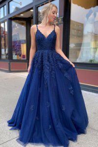 V Neckline Floor Length Soft Tulle Royal Blue Evening Gown Applique