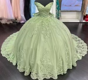 Off Shoulder Sage Applique Beading Quinceanera Dress With Bow