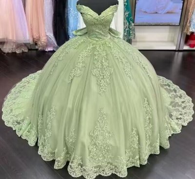 Off Shoulder Sage Applique Beading Quinceanera Dress With Bow