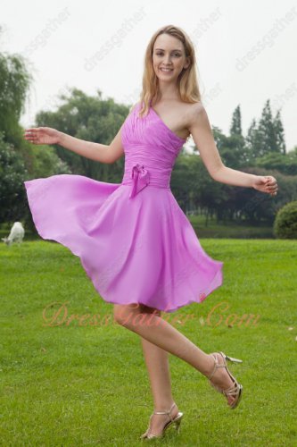 Mallow Deep Lilac Chiffon One Shoulder Bridesmaid Dress Outdoor Lawn Wedding Ceremony