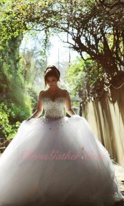 Modest Full Crystals Corset Puffy White Wedding Ball Gown Long See-Through Nude Sleeves