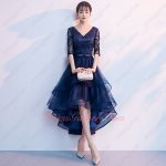 V-neck Half Transparent Sleeves Navy Lace High Low Holiday Dress Customized