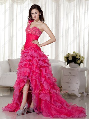 Beaded One Shoulder High-low Skirt Hot Pink Layers Banquet Prom Dress