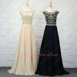 Scoop Neck Sheer Full Beading Bodice Chiffon Floor Length Evening Gowns Queen Pretty