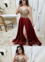 Spaghetti Straps Nude Beading Bodice Wine Red Satin Slit Skirt Evening Dress Queen