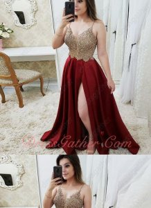 Spaghetti Straps Nude Beading Bodice Wine Red Satin Slit Skirt Evening Dress Queen