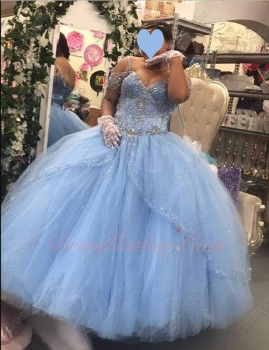 Spaghetti Straps Slit Overlay Tulle Bead Edging Baby Blue Tulle Quinceanera Ball Gown