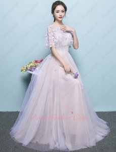 Fresh Girls Scoop Lace Bodice Flowing Elegant Formal Gowns Lavender Tulle Blush Inside