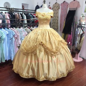 Glory Off Shoulder Gold Satin and Lace Birthday Puffy Ball Gown Quinceanera Factory