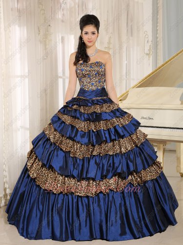 Designer Manuscript Mellow Navy Blue/Leopard Mixed Layers Quinceanera Cake Gown