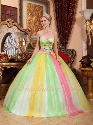 Contrast Color Colorful Spring Green/Hot Pink/Yellow Mingled Quince Ball Gown Tulle