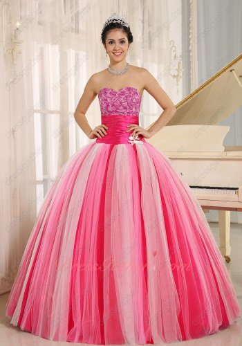 Kinds Tulle Hot Pink/Pink/Off White Gradual Change Fading Color Quincanera Gown