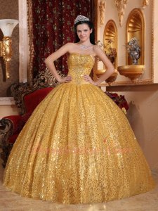 Sparking Golden Sequin Flat Skirt Grand Bustle Quinceanera Evening Ball Gown FL
